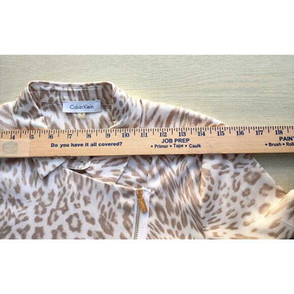 TOP/BLOUSE-CALVIN KLEIN-Gold-Cream-Front Diagonal Gold Zipper-Sleeve Roll Tab-SM - Picture 6 of 12